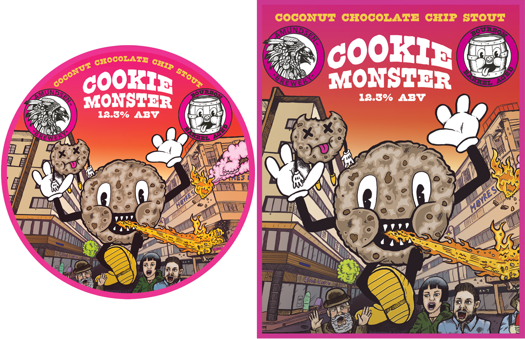 Amundsen Brewery Cookie Monster - Bourbon Barrel Aged Coconut Chocolate Chip Cookie Stout - Tap Signs