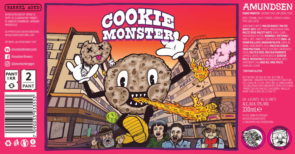 Amundsen Brewery Cookie Monster - Bourbon Barrel Aged Coconut Chocolate Chip Cookie Stout Label Artwork